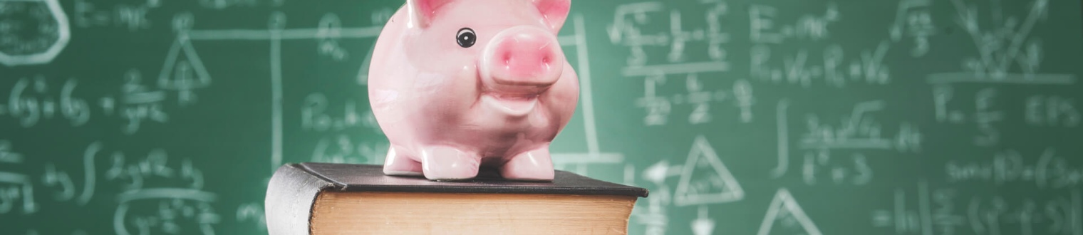 a pink piggy bank on a stack of books
